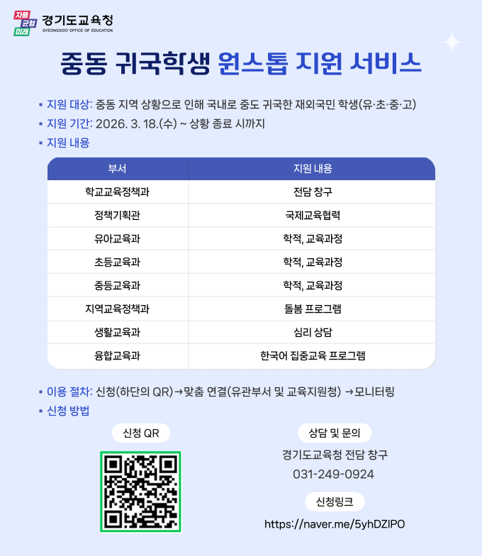 경기도교육청, 재외국민 학생 학습권 보호 적극 나서다 ‘중동 귀국 학생 원스톱 지원 서비스’ 운영1 이미지