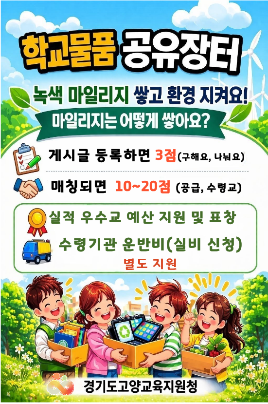 “놔두면 고물, 나누면 보물” 고양교육지원청, 「학교 물품 공유 장터」 ‘녹색 마일리지’ 운영2 이미지