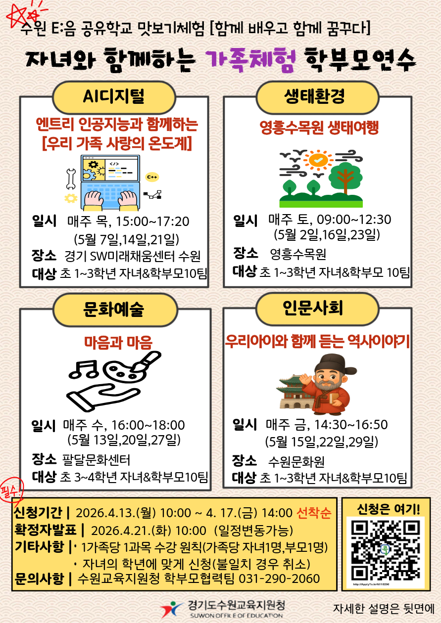 “수원의 봄, 자녀와 부모가 함께 그리다” 수원교육지원청, 5월 가족체험 학부모연수 운영2 이미지