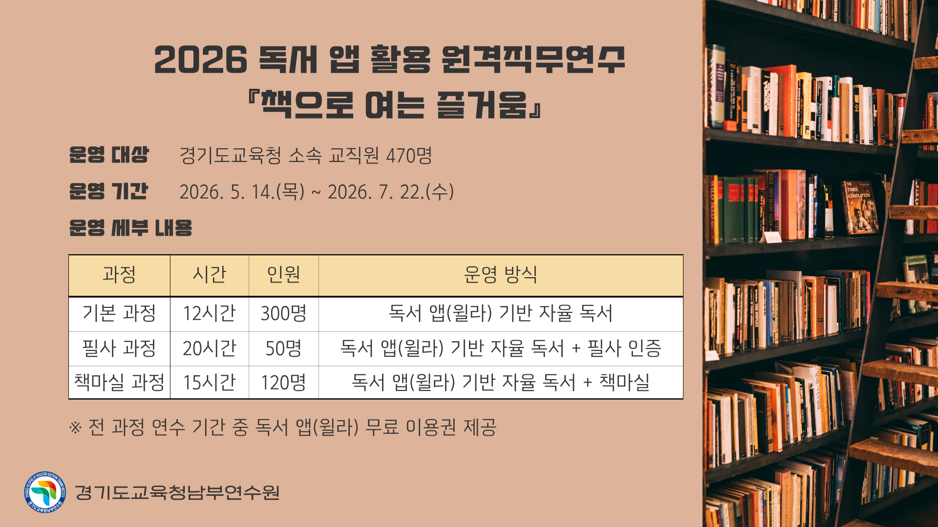 경기도교육청남부연수원, ‘2026 독서 앱 활용 원격직무연수’ 운영1 이미지